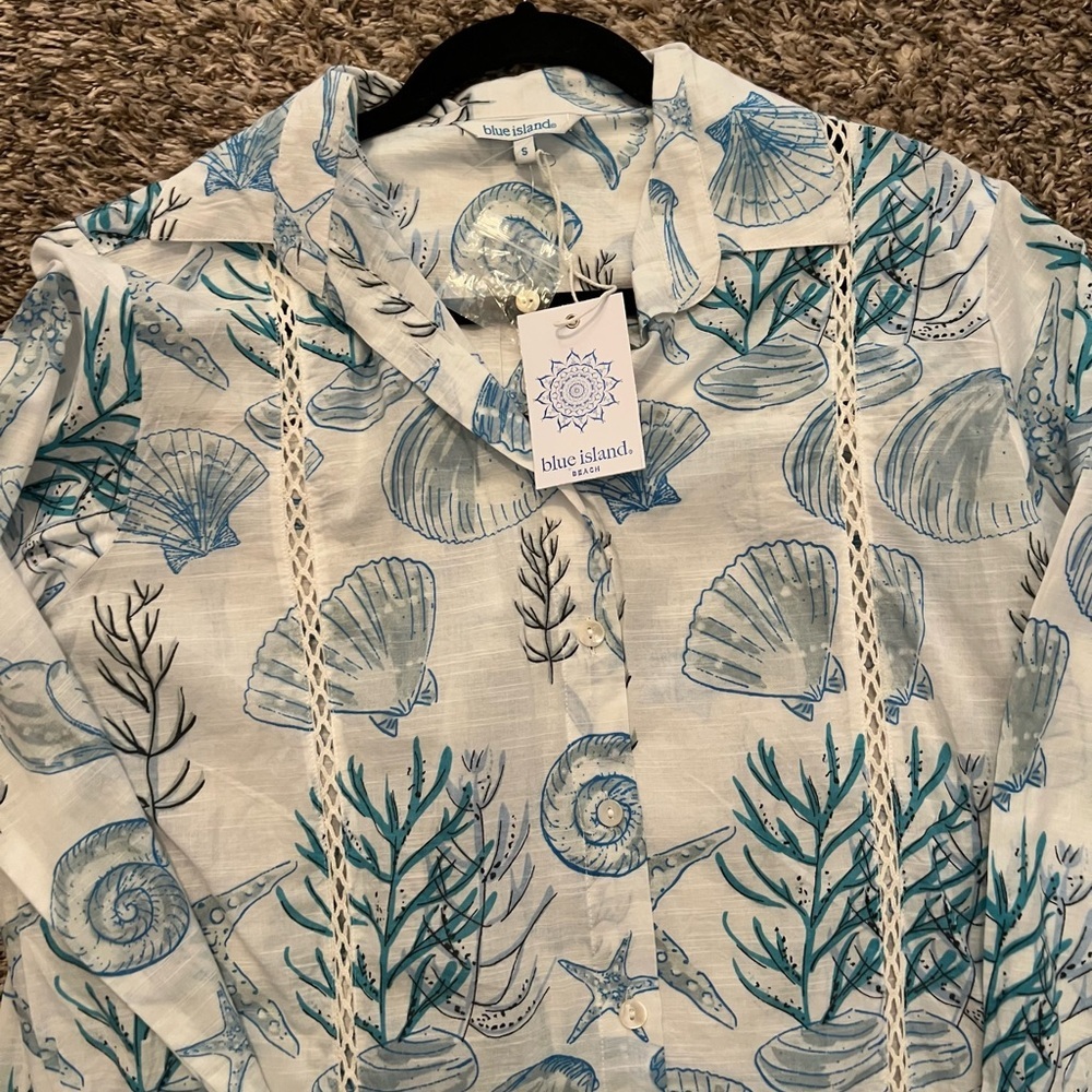 blue island White Tunic with Blue Seashell Sketch Print - Picture 2 of 3